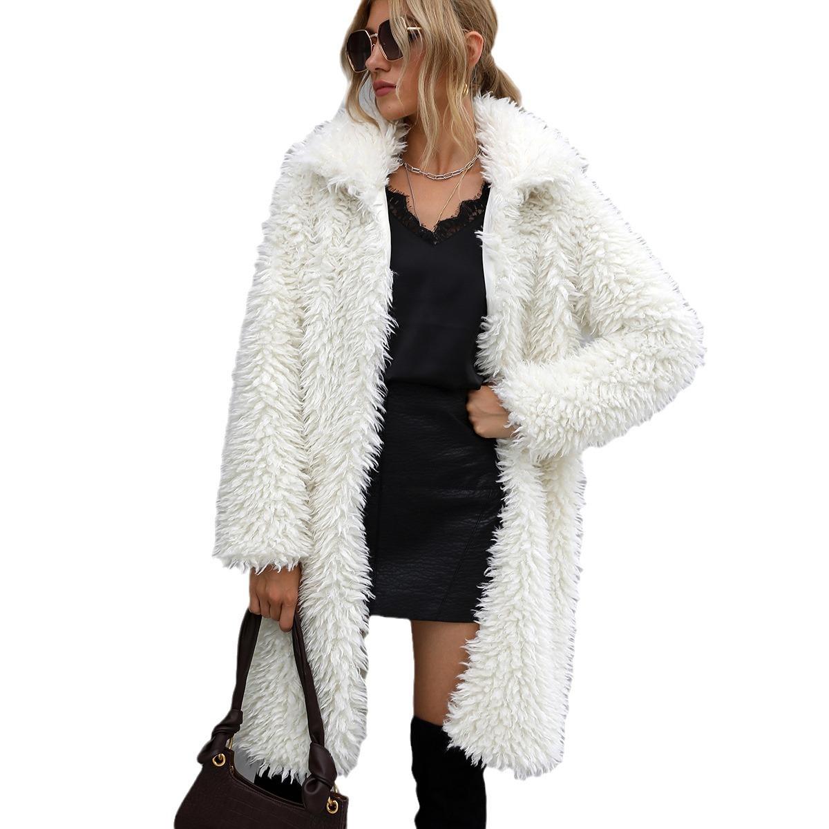 Autumn And Winter Women s Faux Fur Plush Lapel Warm Long Coat Jacket L