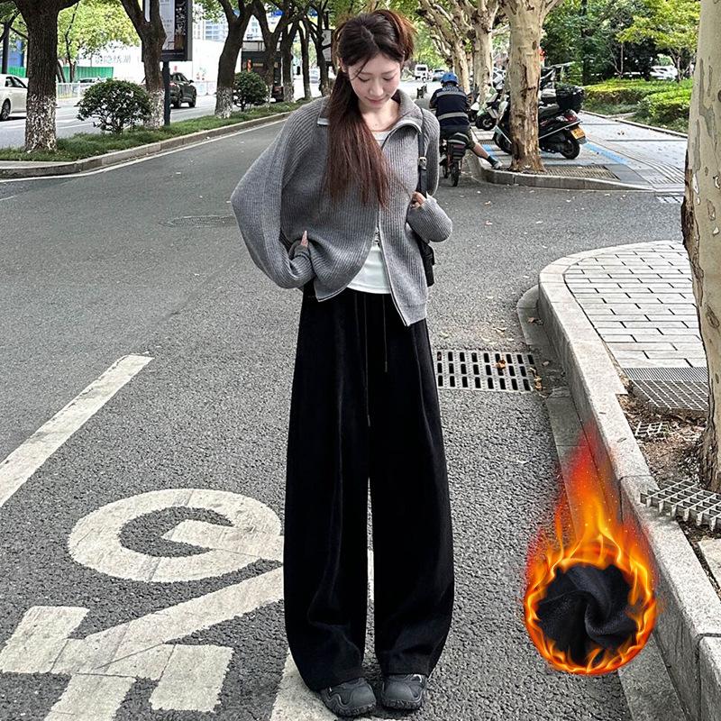 Wide-leg Pants Women's Autumn and Winter New High-waisted Loose Straight-leg Small Casual European Cotton Velvet Pants