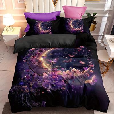 3Pcs Duvet Cover Set, Aesthetic Purple Floral And Moon Print Duvet Cover With Pillowcases, No Filling, Soft Microfiber Bedding
