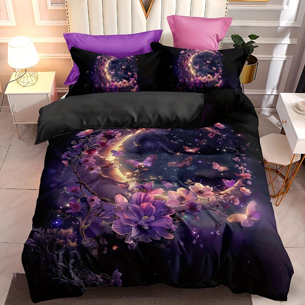 Aesthetic Purple Floral And Moon Print Duvet Cover With Pillowcases, No Filling, Soft Microfiber Bedding For Bedroom Decor