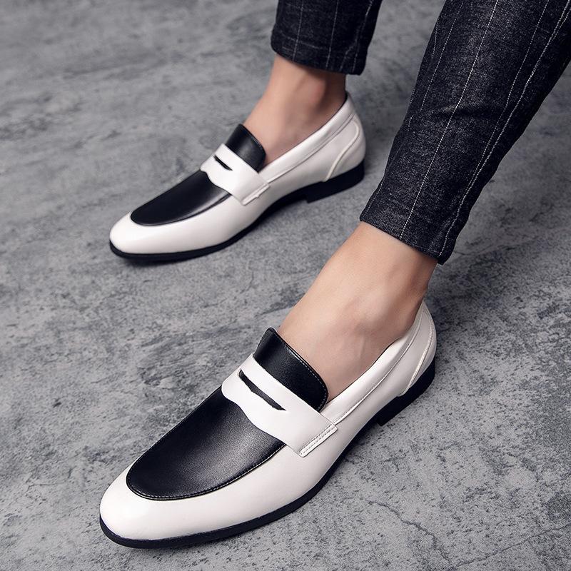 New Men's Low-top Office Dress Leather Shoes Men's Large Size Black and White Color Matching Leather Shoes One Foot Loafers
