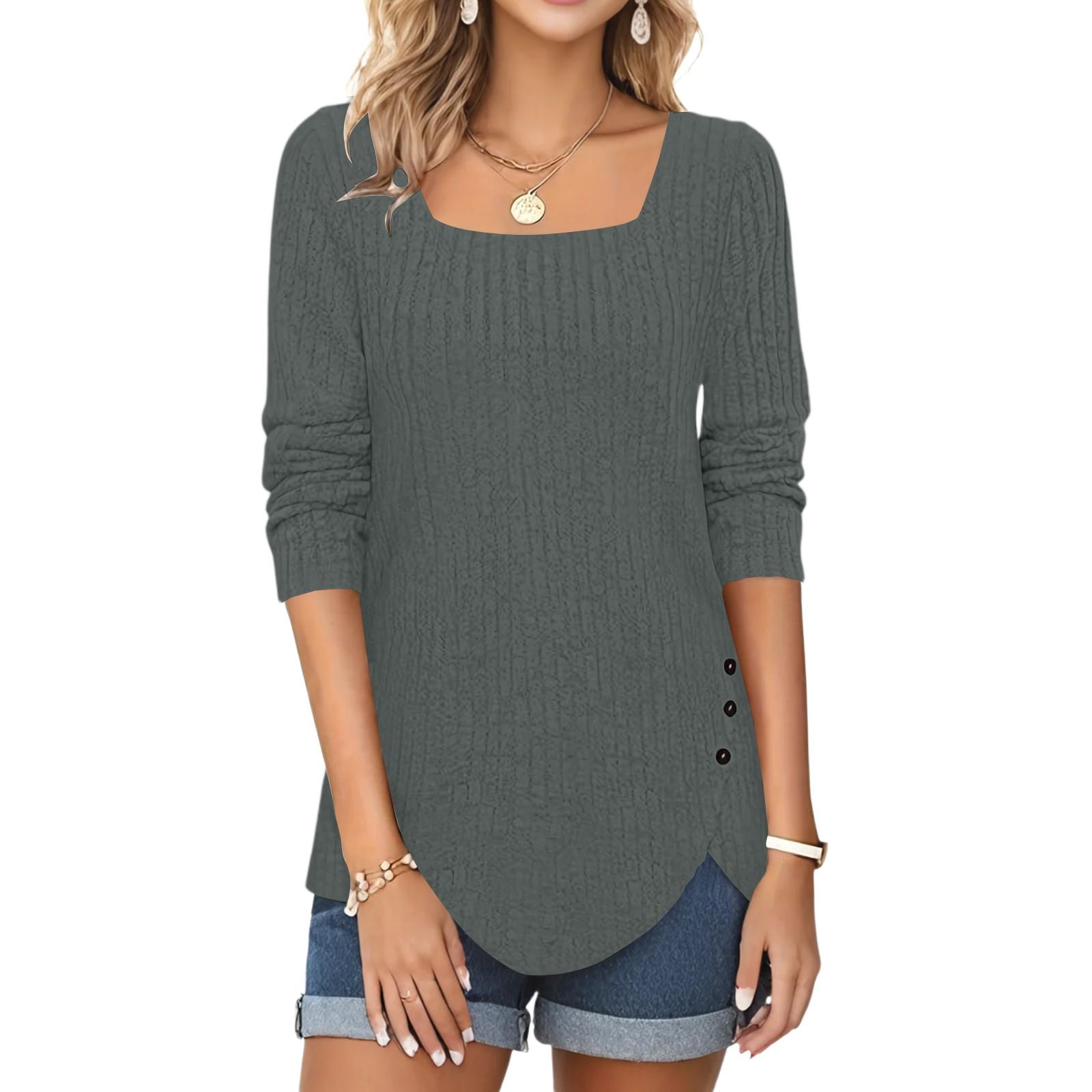 

Женская мода квадратный вырез однотонный флис длинный рукав декоративный пуговицы подола разрез топ M