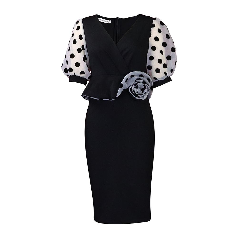 Large Size Women Fashion Mid Sleeves Patchwork Dress Ladies Elegant One Piece V Neck Sheath Dress