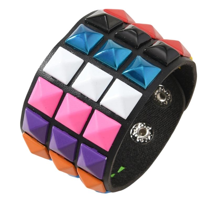 Comfort Fit Adjustable Bracelet Three Row Square Studs Punk Design Soft Leather for Stylish Daily Fashion