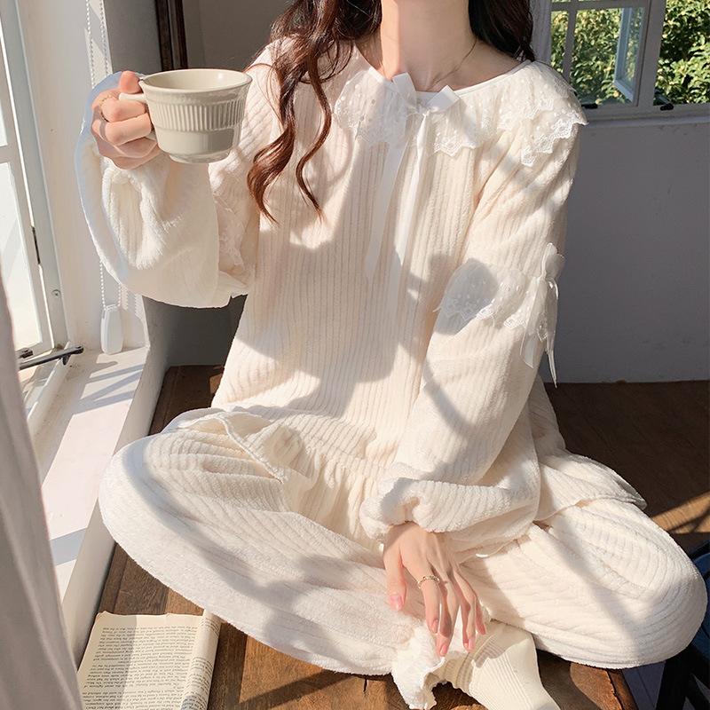 Winter Round Neck Lace Solid Color Pull Fleece Sweet Cute Girl Wind Warm Loungewear Women M