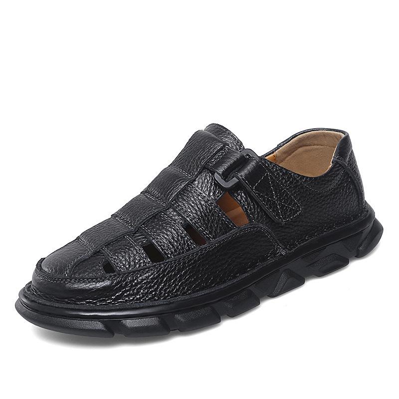 Men s Large Genuine Leather Breathable Summer Sandals - Soft Sole, Non-Slip, Hollow Design 46