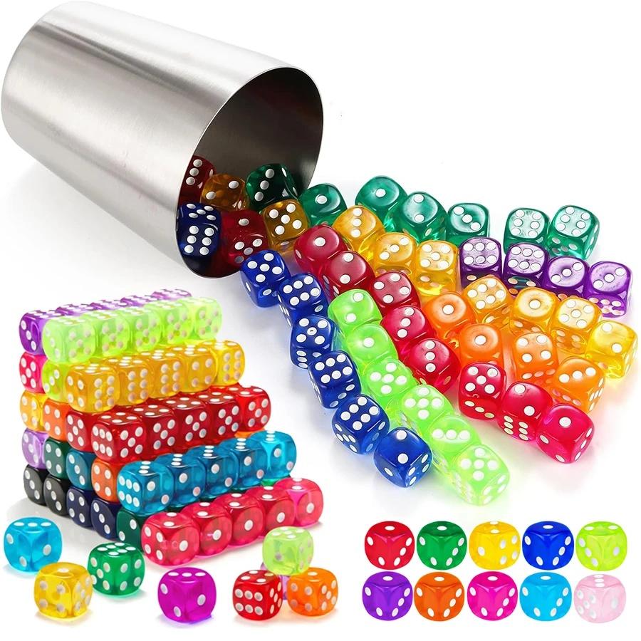 50pcs 14mm Acrylic Colored Transparent 6 Sided Dice Bulk Game Dice Classroom Teaching Board Game Party Playing Fun Tool