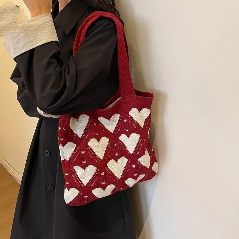 2026 New Ins Style Knitted Tote Bag with Heart Pattern Large Capacity Shoulder Bag for Women Daily Use and Shopping