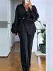 Women V Neck Asymmetric Blazer And Wide Leg Pants Set Elegant One Button Ruffle Sleeve Office Wear Tracksuit