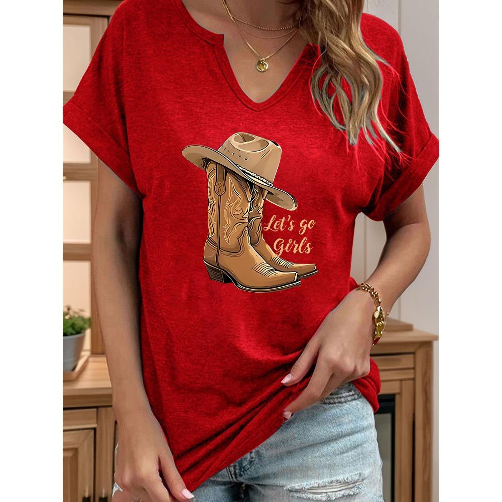 Let's Go Girls Cowboy Boots Letter Print Women T Shirt Short Roll-up Sleeve V-Neck Summer Casual Top T-shirts for Women