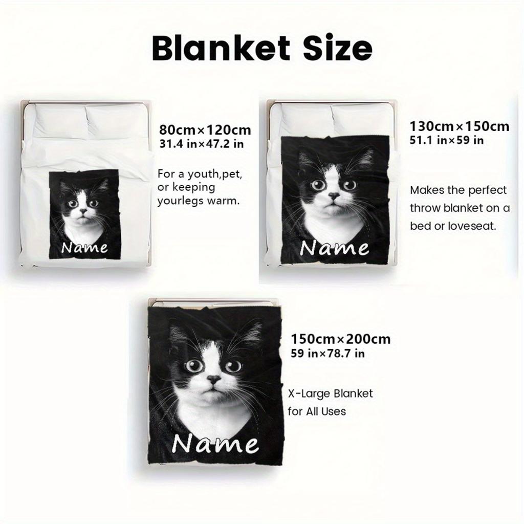 Custom Black White Cat Blanket Personalized Name Fleece Throw All Season Soft Warm Bedding Home Decor Gift for Cat Lovers
