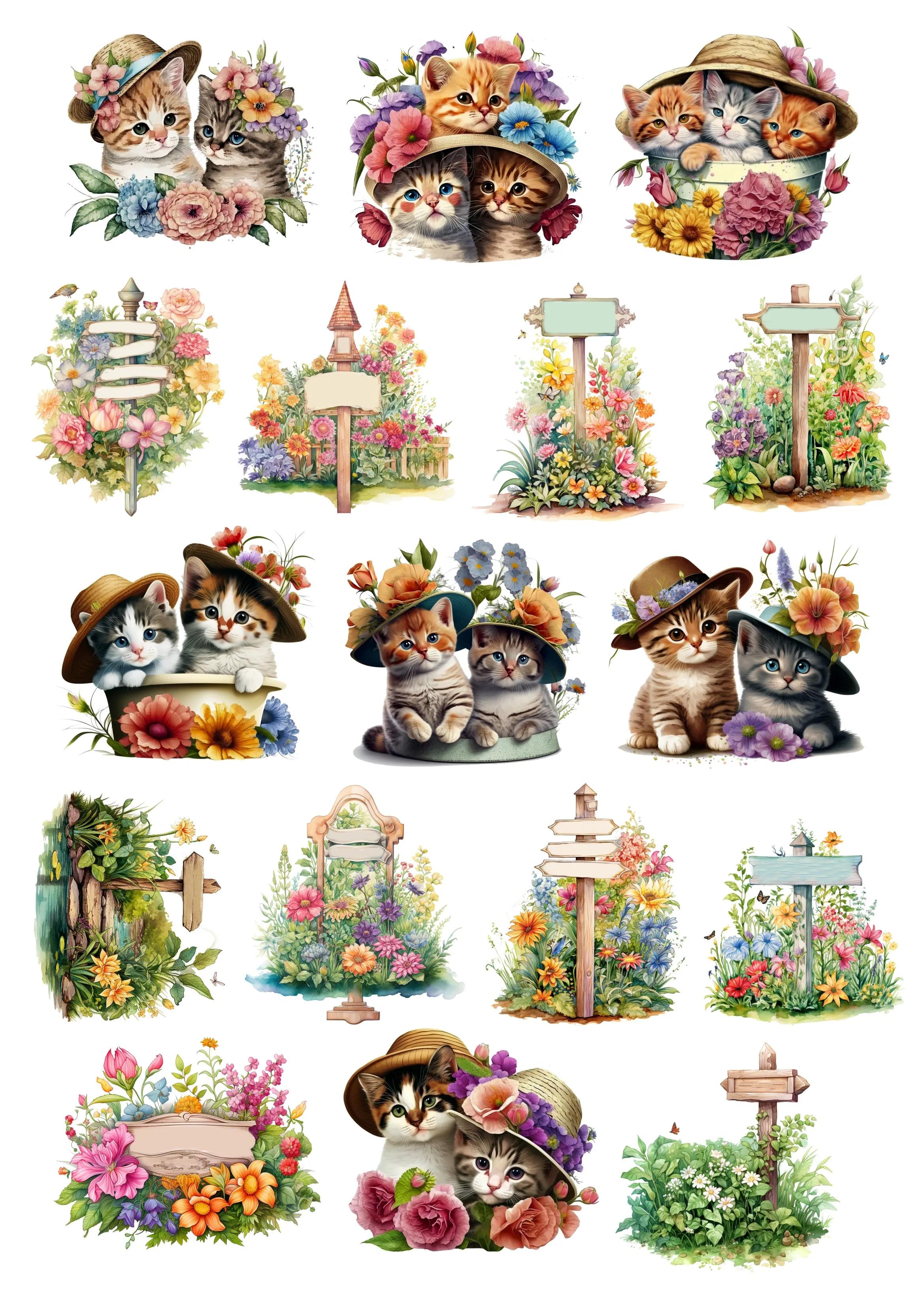 

Hand-painted Watercolor Garden Wooden Signage Cat Stickers Scrapbooking Craft Diary Album Phone Computer Decorative белый
