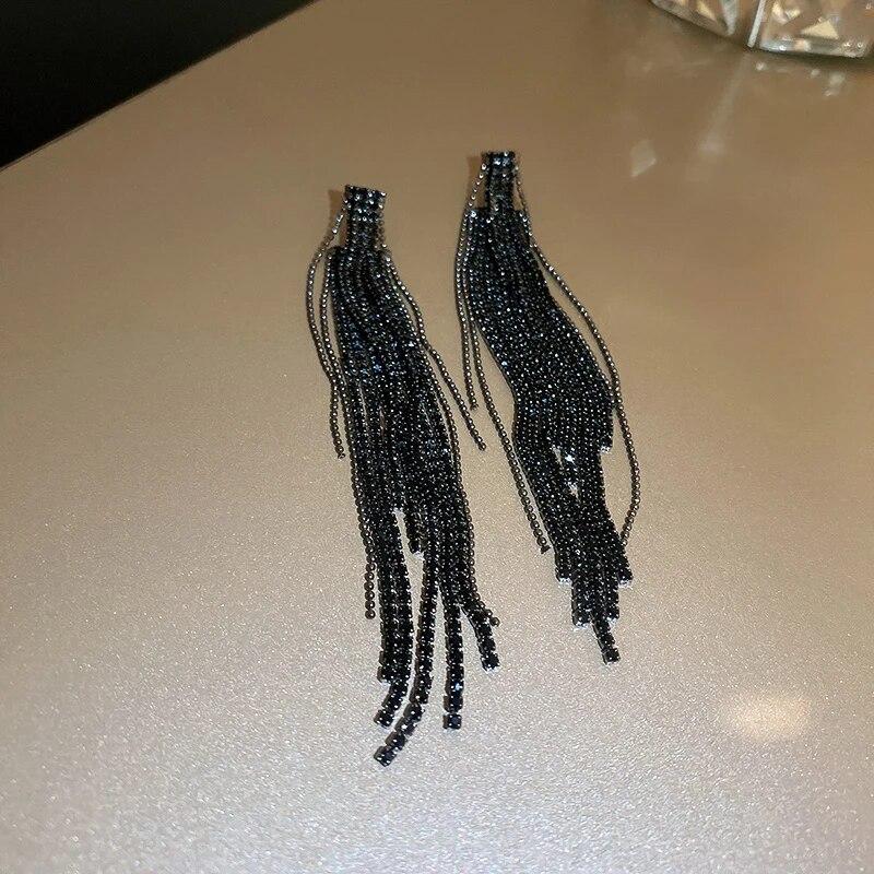 Inlaid Rhinestone Flowers Long Tassel Women Earrings Temperament Silver Needle Exaggerated Zircon Drop Earrings Sparkle Jewelry