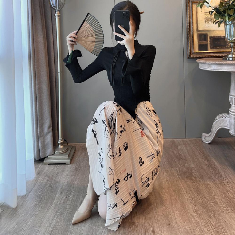 Chinese Style Modified Cheongsam Ink Painting Dress Long Sleeve Suit Women's Dress