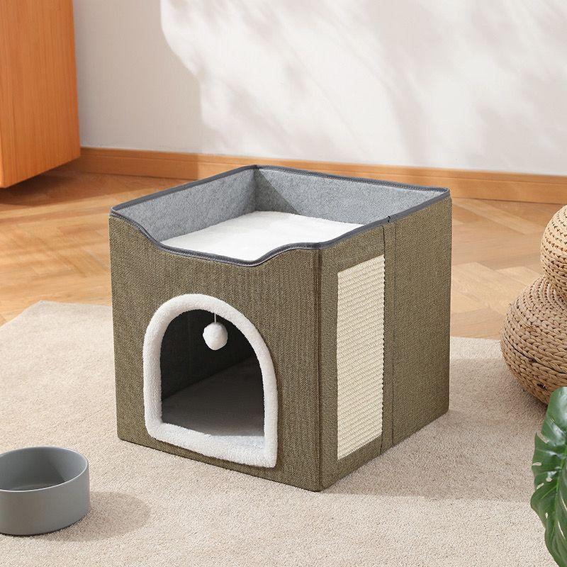 Double Layered  Pet Cat House Large Foldable Cat Bed Four Season Universal Cats with Ball Hanging Cube Beds Pet Supplies & Pet