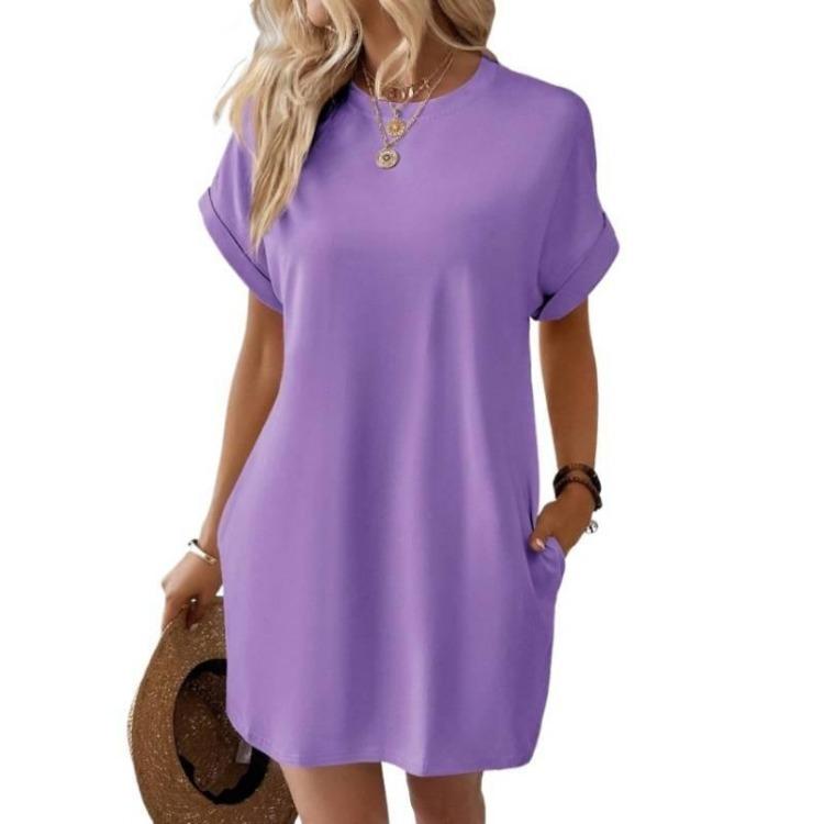 Summer Casual Women Dress Loose Round Neck Short Sleeve Pocket Breathable Solid Color Spring Fashion New