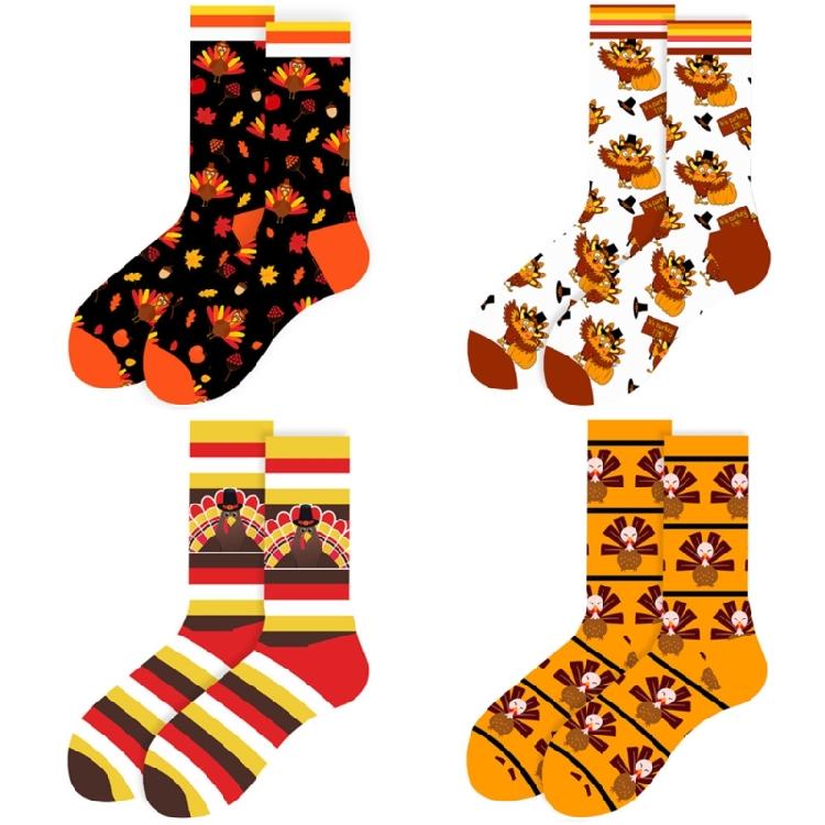 Women's Autumn Themed Socks with Thanksgiving Designs Maple Leaves Turkeys Pumpkin Prints Men's Cotton Crew Socks Gift