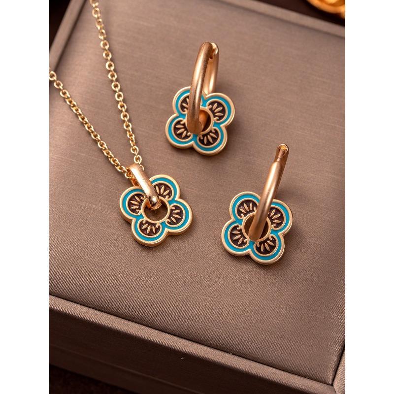 Новый Китайский Ретро Четырехлистный Клевер Форма Металл Позолоченный Элегантный Высококачественный Изысканный Набор Серьги и Колье