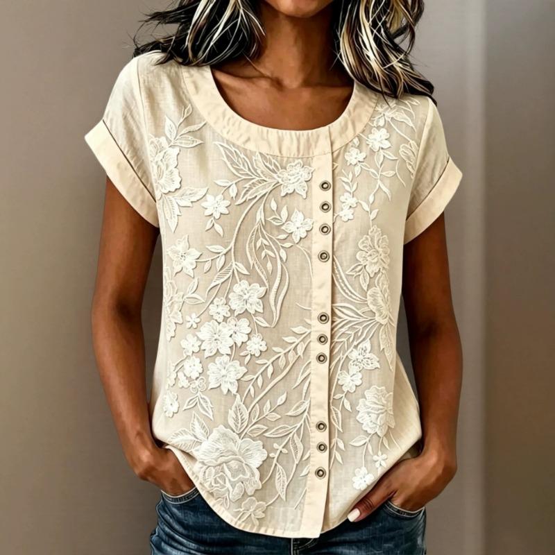 Women Light Blue Floral Embroidery Round Neck Full Button Roll Cuff Short Sleeve Loose Casual Blouse