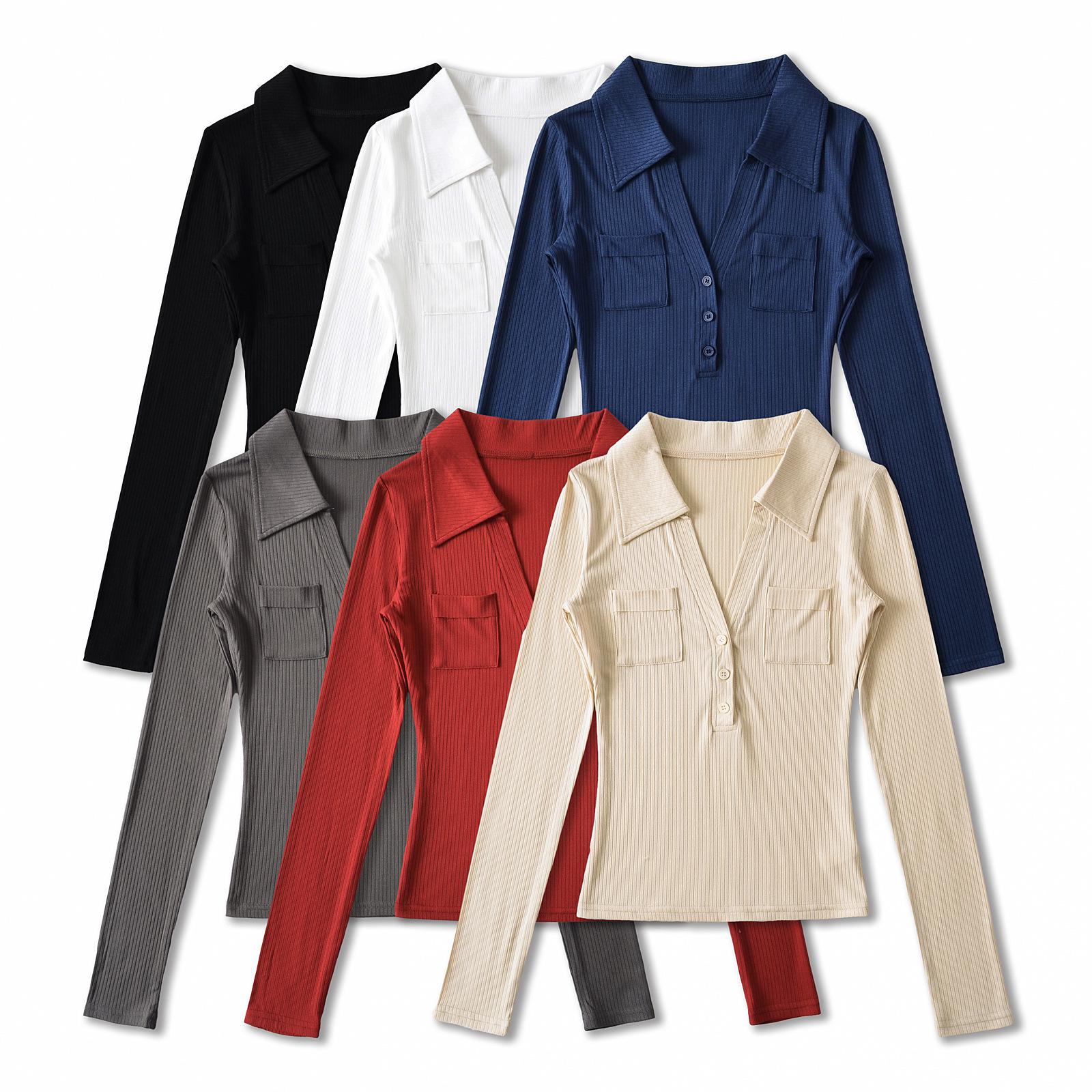 

American Spicy Girl V-Neck Lapel Double Pocket Waist-Slimming T-Shirt for Women Large белый