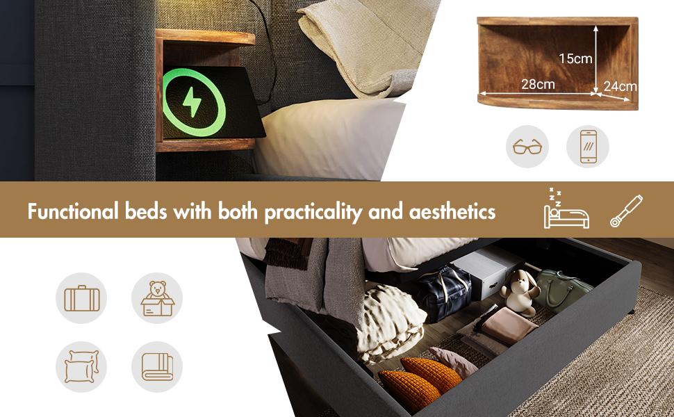 Upholstered Double Bed 160x200 with Nightstand, Reading Lamp, USB Type-C, Storage Bed Frame, Solid Wood, Metal, Grey, Linen (With Mattress)