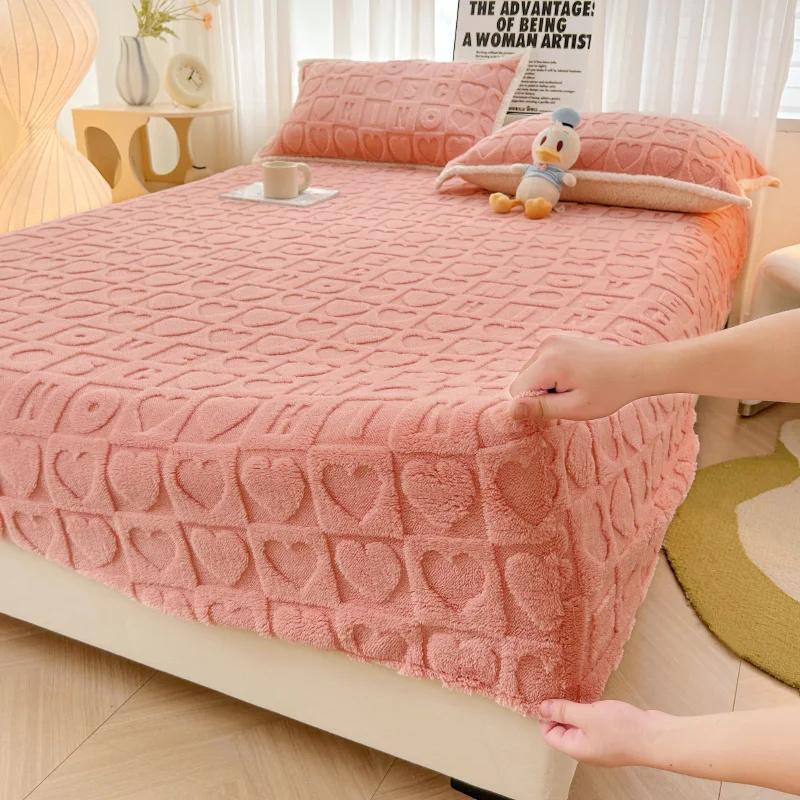 3PC(1XSheet+1XPillowcase)Winter Warm Fitted Bed Sheet Taff Velvet Fleece Bed Linen Single/Double/King/Queen Size Plush Mattress Cover Thick Bed Cover
