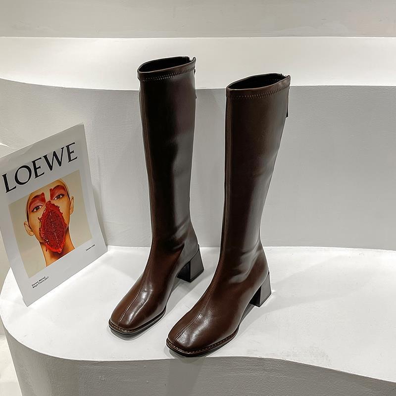 White tall tube square head but high heels knee thick heel  boots small boots season boots women