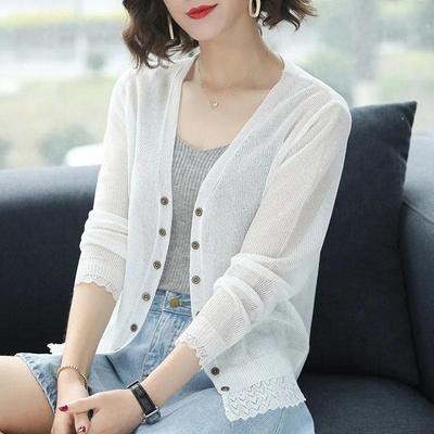 Summer Sunscreen Female Short Breathable Ice Silk Shawl V -neck Cardigan  Air -conditioned Shirt