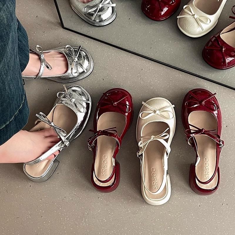 Casual Mary Jane shoes women's summer fashion patent leather square head bow small leather shoes shallow mouth thick high heel single shoes
