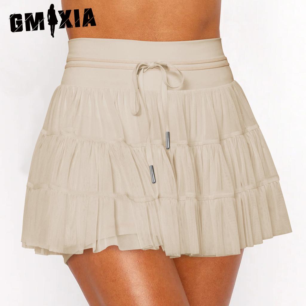 GMXIA Safety Skirt Lace Up Mesh Pleated Skirt Half Skirt Summer High Sense Skirt