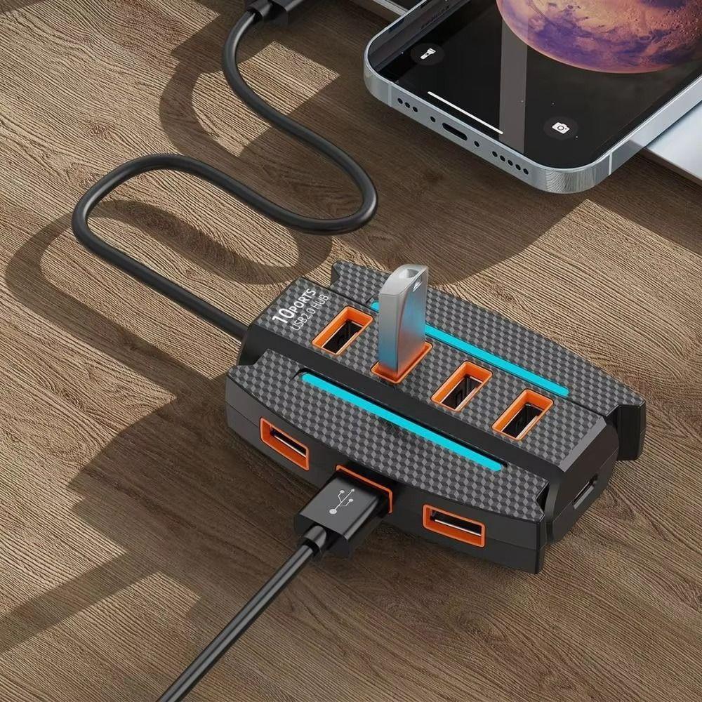 RGB Backlight 10 in 1 USB2.0 HUB USB Adapter USB Port Expander  Mouse Keyobard Printer