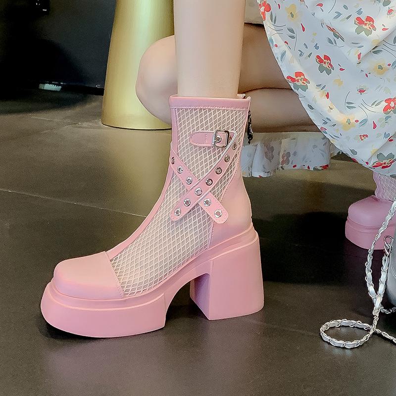 Pink Thick Heel High Heel Mesh Breathable Cool Boots Children's Martin Boots Thick Sole Heightening Small Single Boots