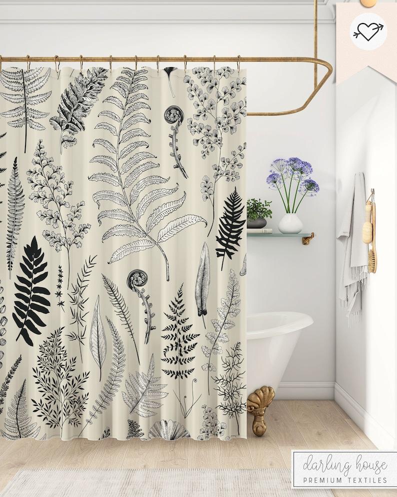 Vintage Botanical Engraving Shower Curtain – Retro Herbs & Antique Apothecary Illustrations, Eclectic Cottagecore Bathroom Decor W90xH180cm