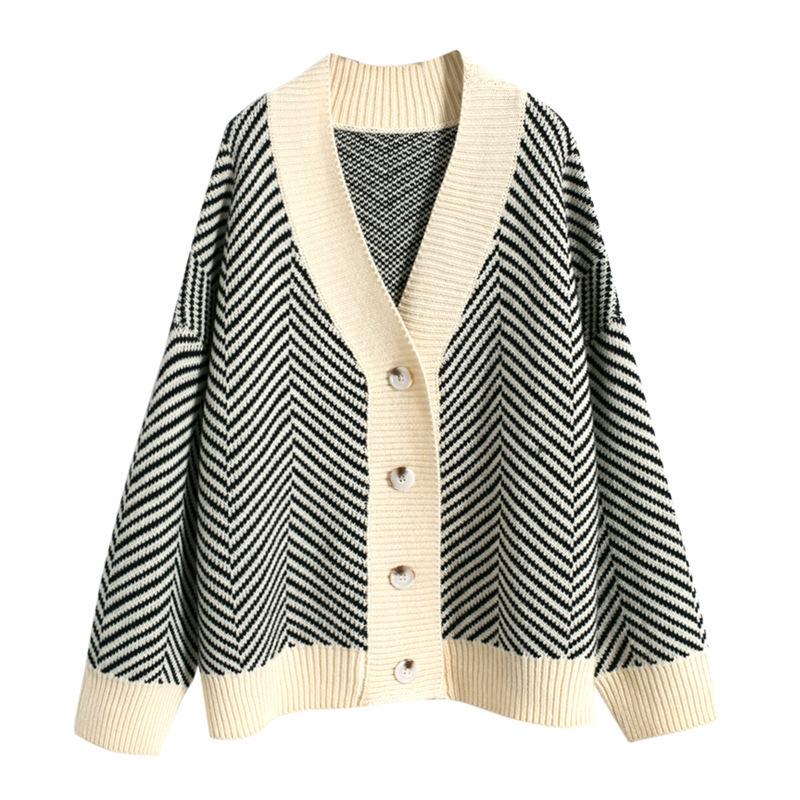Striped Knitted Cardigan Women's Loose Sweater Single Breasted Buckle Casual Long Sleeved Jacket Warm Comfortable Commuter Tops Autumn and Winter
