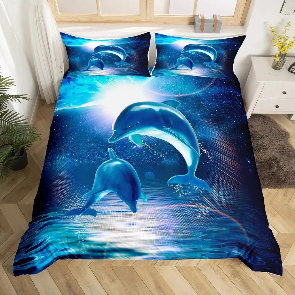 Blue Sea And Galaxy Duvet Cover Set Full,3D Whale Ocean Creatures Bedding Sets Space Starry Mysterious Nebula Comforter Cover