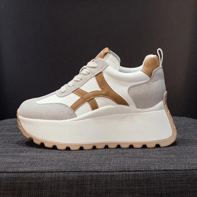 Fashion Top quality 8cm Genuine Leather Platform Wedge Women Spring Autumn Chunky Sneakers Shoes Breathable Comfortable Vulcanize boots