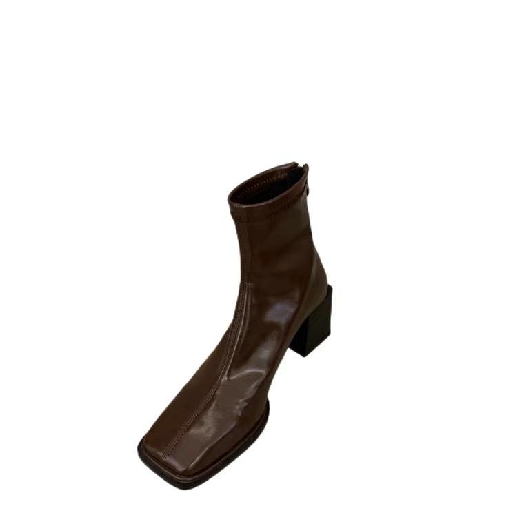 High-heeled Square-headed Small Short Boots for Women's 2025 Autumn and Winter New Martin Boots Niche Thick-heeled Design French Thin Boots