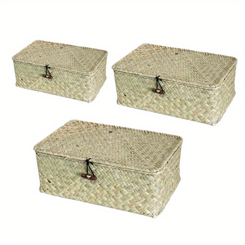 Brown/beige/coffee 3-pieces Set Grass Woven Home Sundry Storage Box with Lid Cover buckle,toy&Towel&Dirty Clothes Collecting Basket Container.