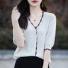 Pure Cotton Small Fragrance Style V-neck Knitted Short-sleeved Women's Summer New Loose Casual Half-sleeved Fake Cardigan Contrast T-padded Top