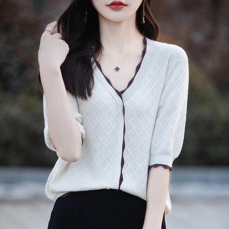 

Pure Cotton Small Fragrance Style V-neck Knitted Short-sleeved Women s Summer New Loose Casual Half-sleeved Fake Cardigan Contrast T-padded Top S
