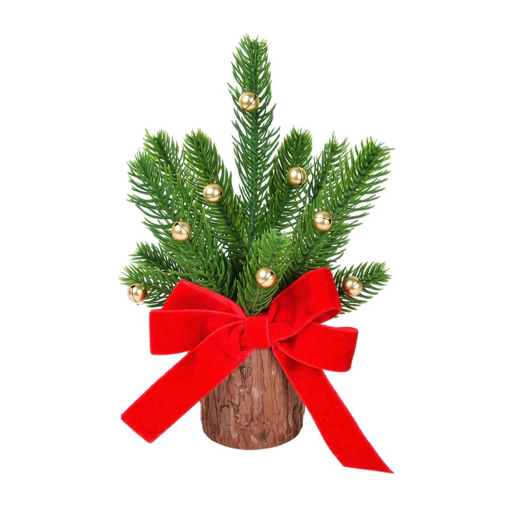 Christmas Tree Tabletop Decoration with Wooden Log Base, Gold Bells and Velvet for Holiday Home Decor