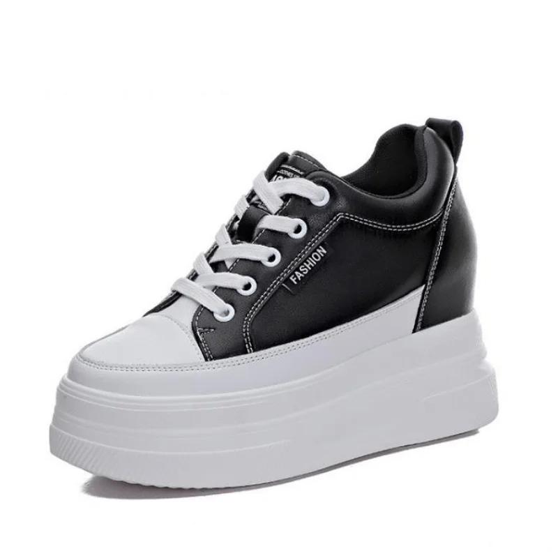 Fashion Women Sneakers Increased Platform Shoes 10CM Casual Footwear Leisure Genuine Leather White Shoes Women's Vulcanize Shoes Spring