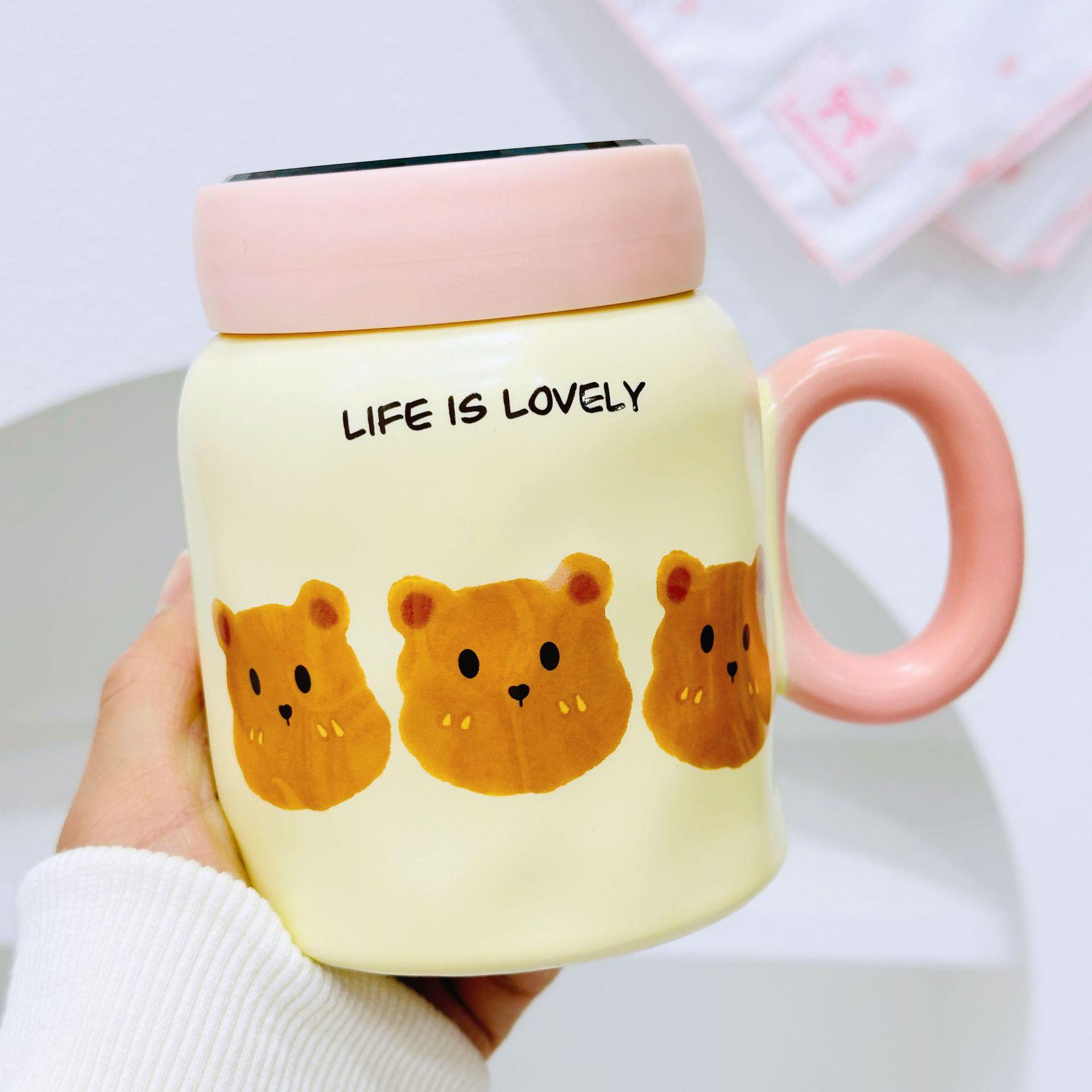 

Bear Cartoon Cute Ceramic Cup with Lid Mug Dustproof Spoon Water Cup High value Large Capacity Cup Office 350ML