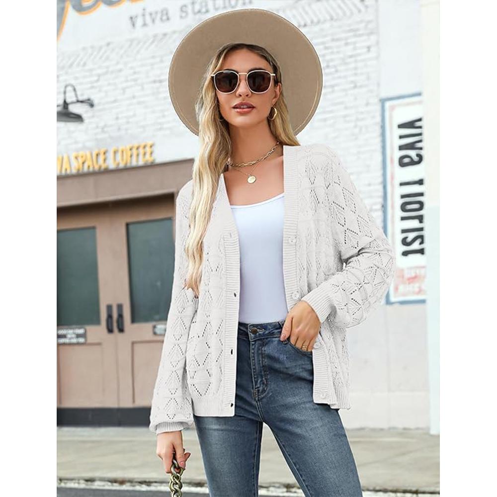Dámský lehký háčkovaný zkrácený kardigan 2025 s výstřihem do V, dlouhým rukávem a bolerkem na knoflíky