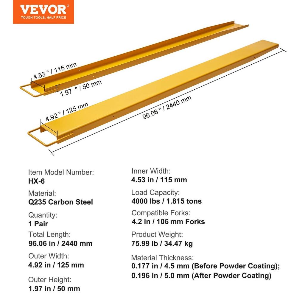 Pallet Fork Extensions, 96" Length 4.5" Width, Heavy Duty Carbon Steel Fork Extensions for Forklifts, 1 Pair Forklift Extensions, Industrial Forklift