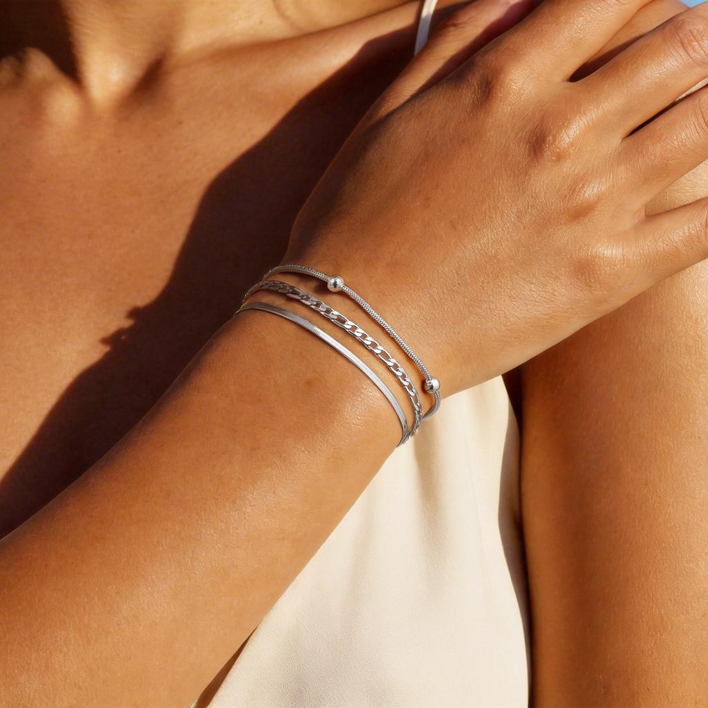 3pcs Set Simple Stainless Steel Bracelet for Women, Adjustable Gold Plated Thin Chain Bracelets, Fashion Stackable Jewelry Set