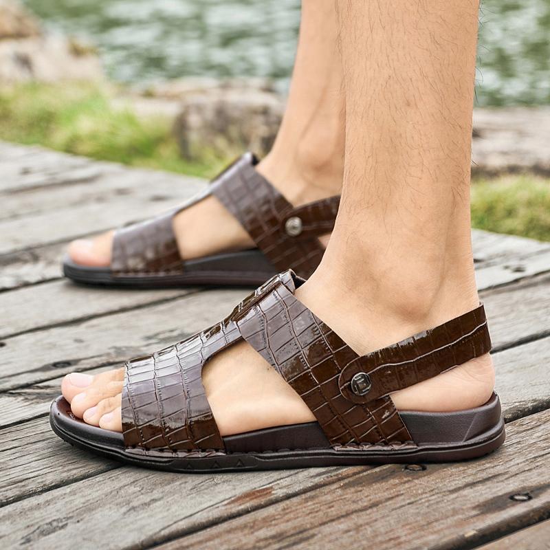 Fashion Genuine Leather Sandals for Men Flat Bottomed Stone Pattern Open Toe Breathable Solid Color Classic Daily Men Sandals Slippers