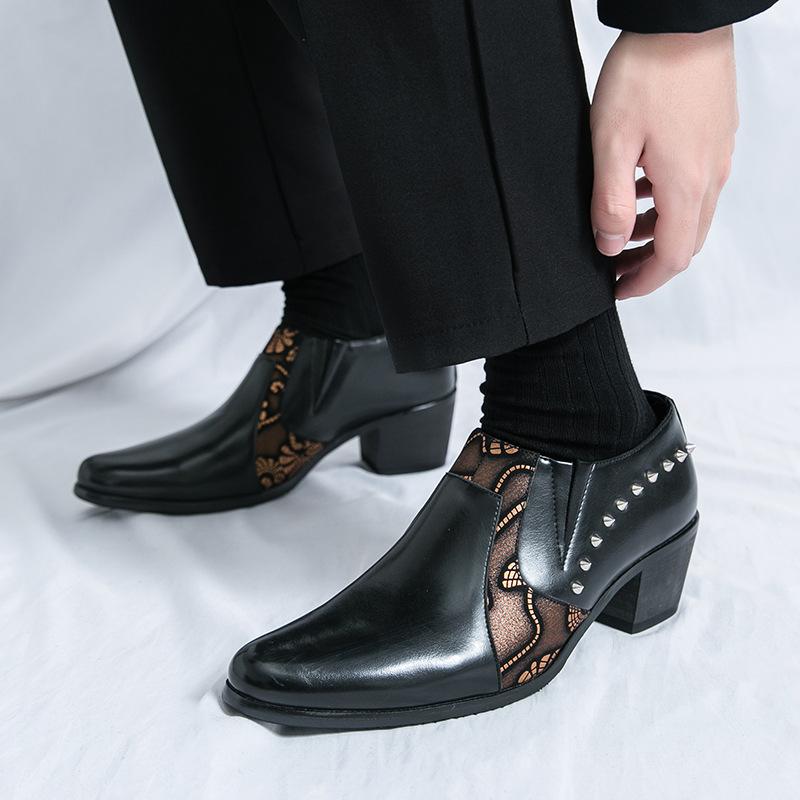 Fashion Men's Heightening Cuban Shoes Large Size Pointed Leather Shoes Foot Cover Dress Business Casual Shoes Wedding Men's Shoes