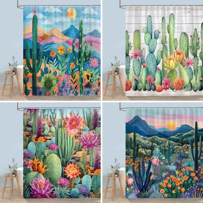 Rideau de Douche Imprimé Aquarelle Cactus Plantes Vert Désert Planches Rustiques Bohème Vintage Rideaux de Douche Salle de Bain Décoration Intérieure
