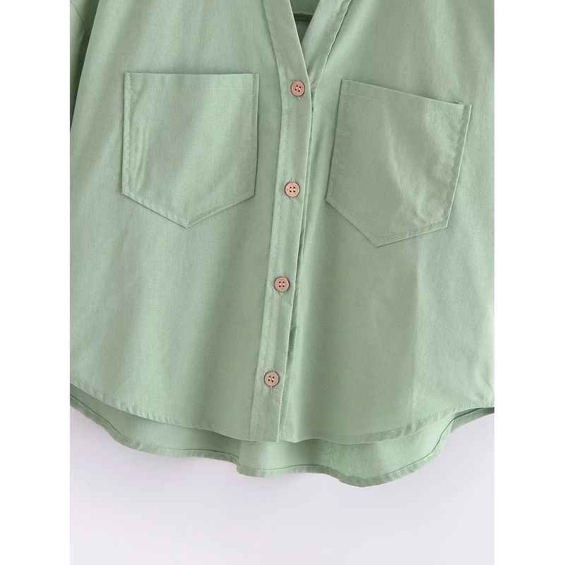 Kaslead New Arrival Women's Fashion Style Double Pocket Decorative Curling Cuff Loose Slim Looking Short Sleeve Shirt